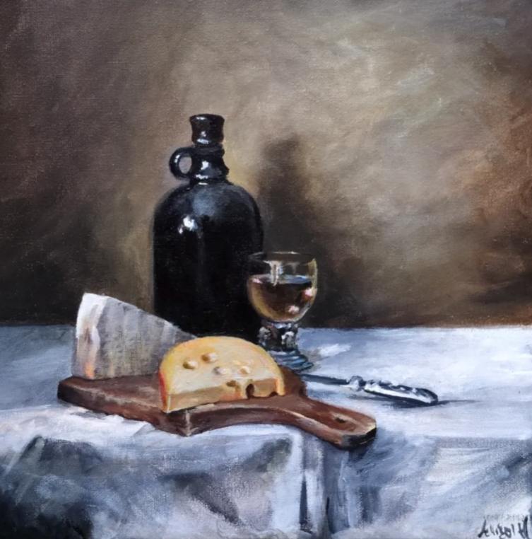 Acrylic still life study of cheese and wine