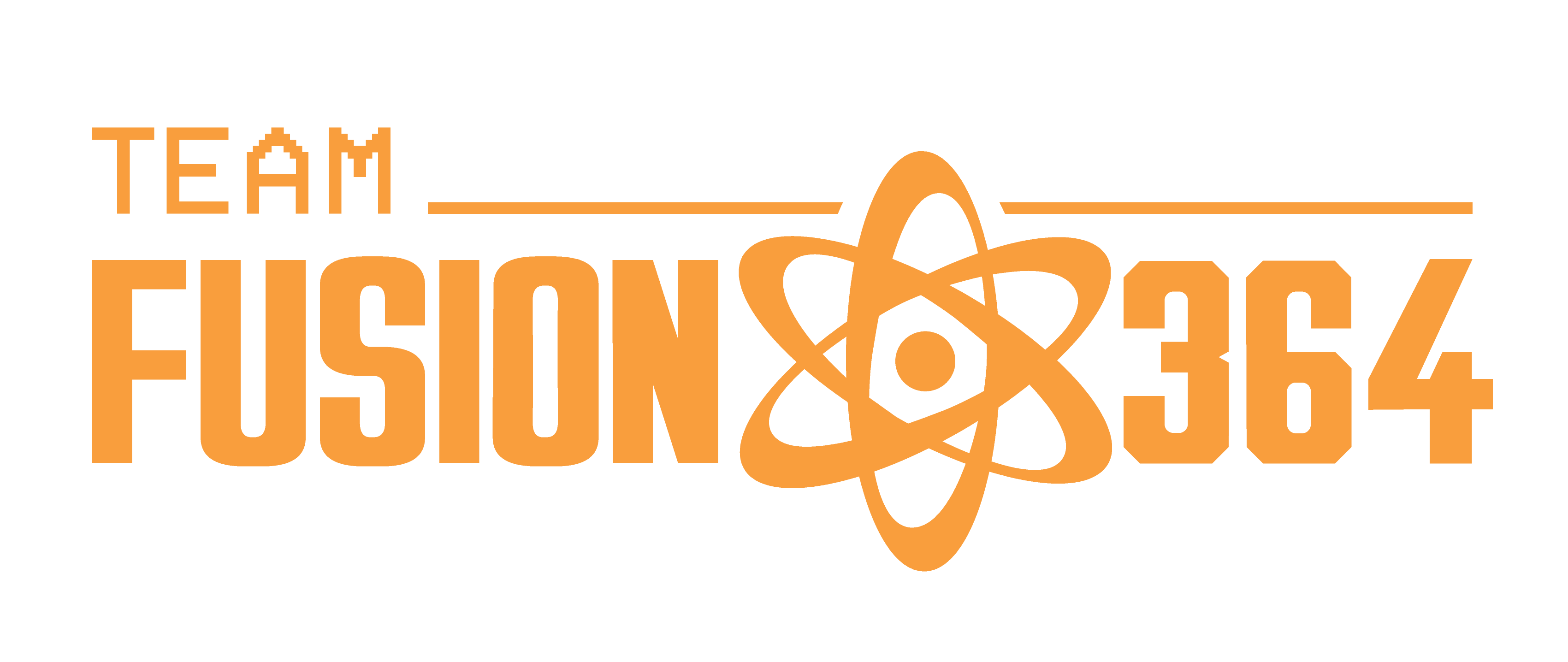 Team Fusion 364 horizontal lockup in orange — condensed sans wordmark with an orbiting atom between FUSION and 364