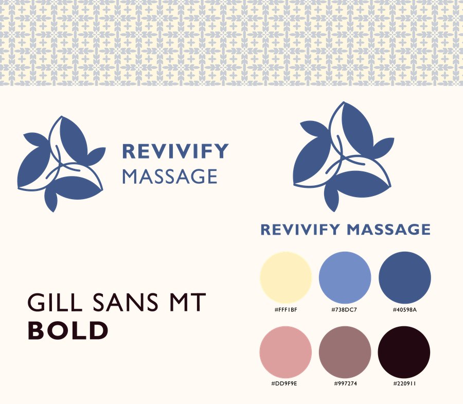 Revivify Massage brand sheet — a blue three-leaf mark over a tiled leaf pattern, with the wordmark, Gill Sans type and a blue, butter and rose palette