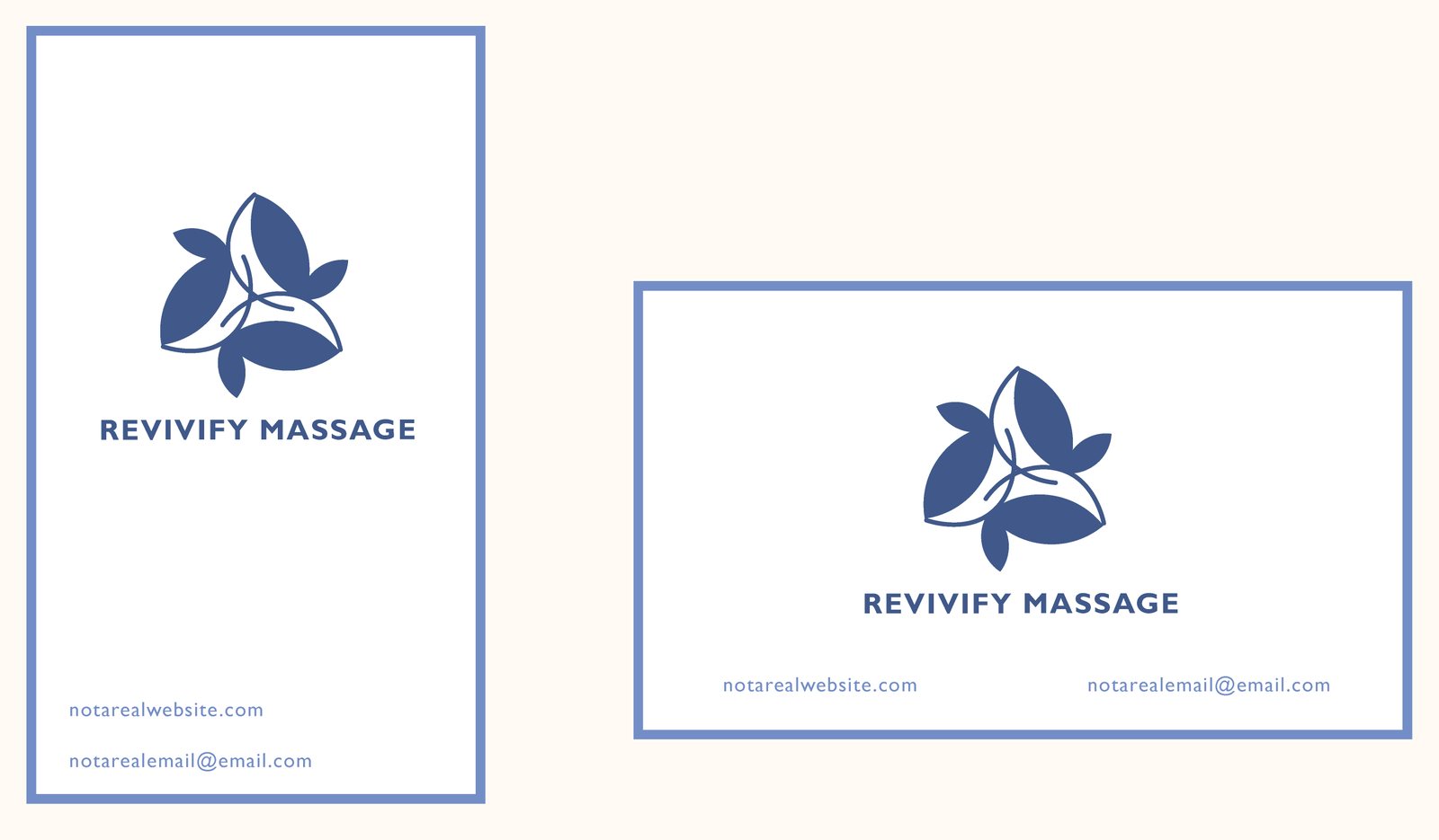 Revivify business cards in portrait and landscape: the blue mark and wordmark on white with a periwinkle border