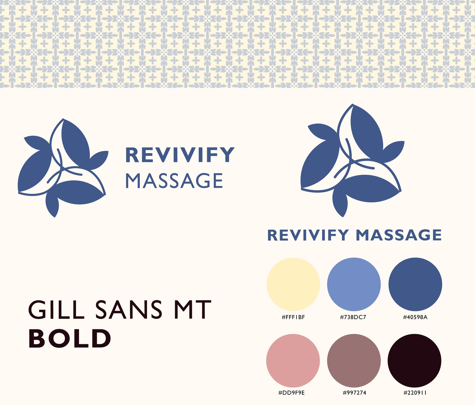Revivify Massage identity: a tiled leaf pattern, the blue three-leaf mark with the wordmark, Gill Sans MT Bold, and six palette swatches from butter yellow to deep plum