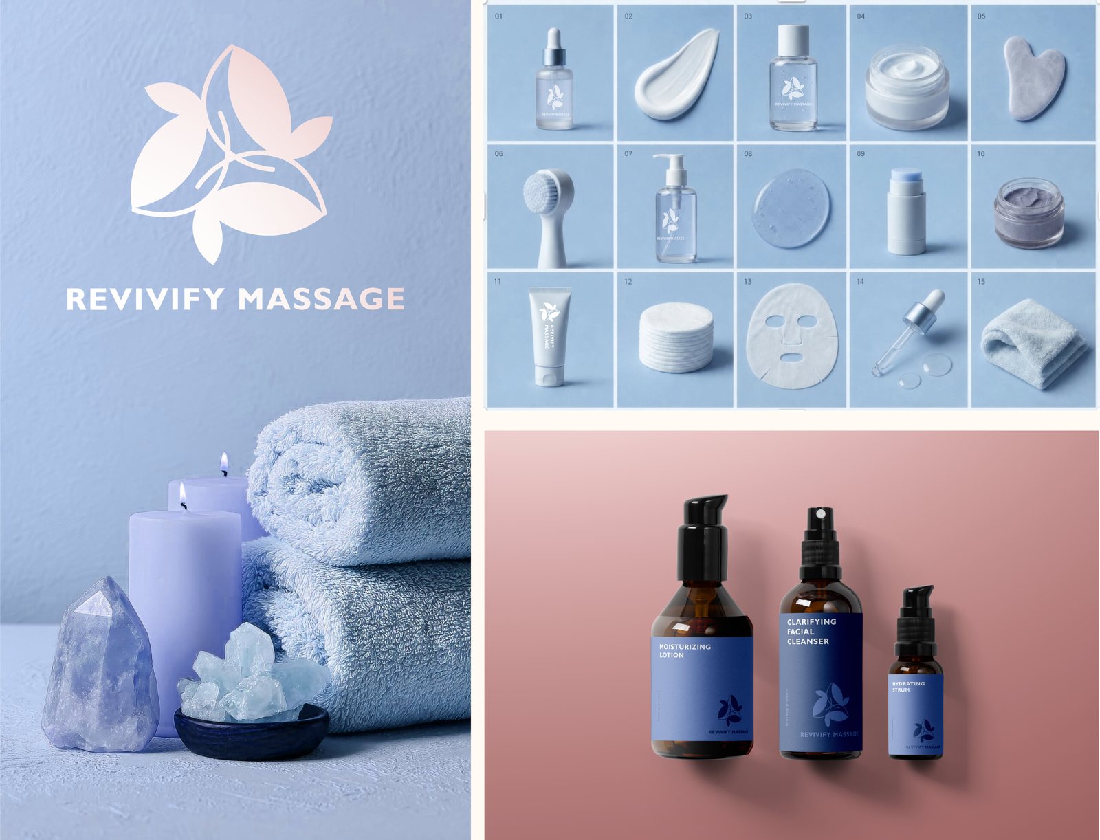A Revivify poster with towels, candles and crystals, a grid of fifteen skincare products on blue, and three amber bottles with blue Revivify labels on rose