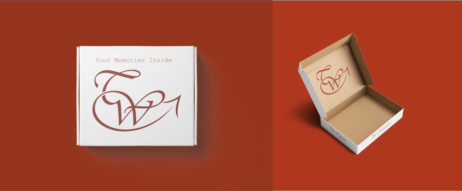 Gift box mockups on rust: a white box reading “Your Memories Inside” with the TW monogram, and an open kraft-lined box