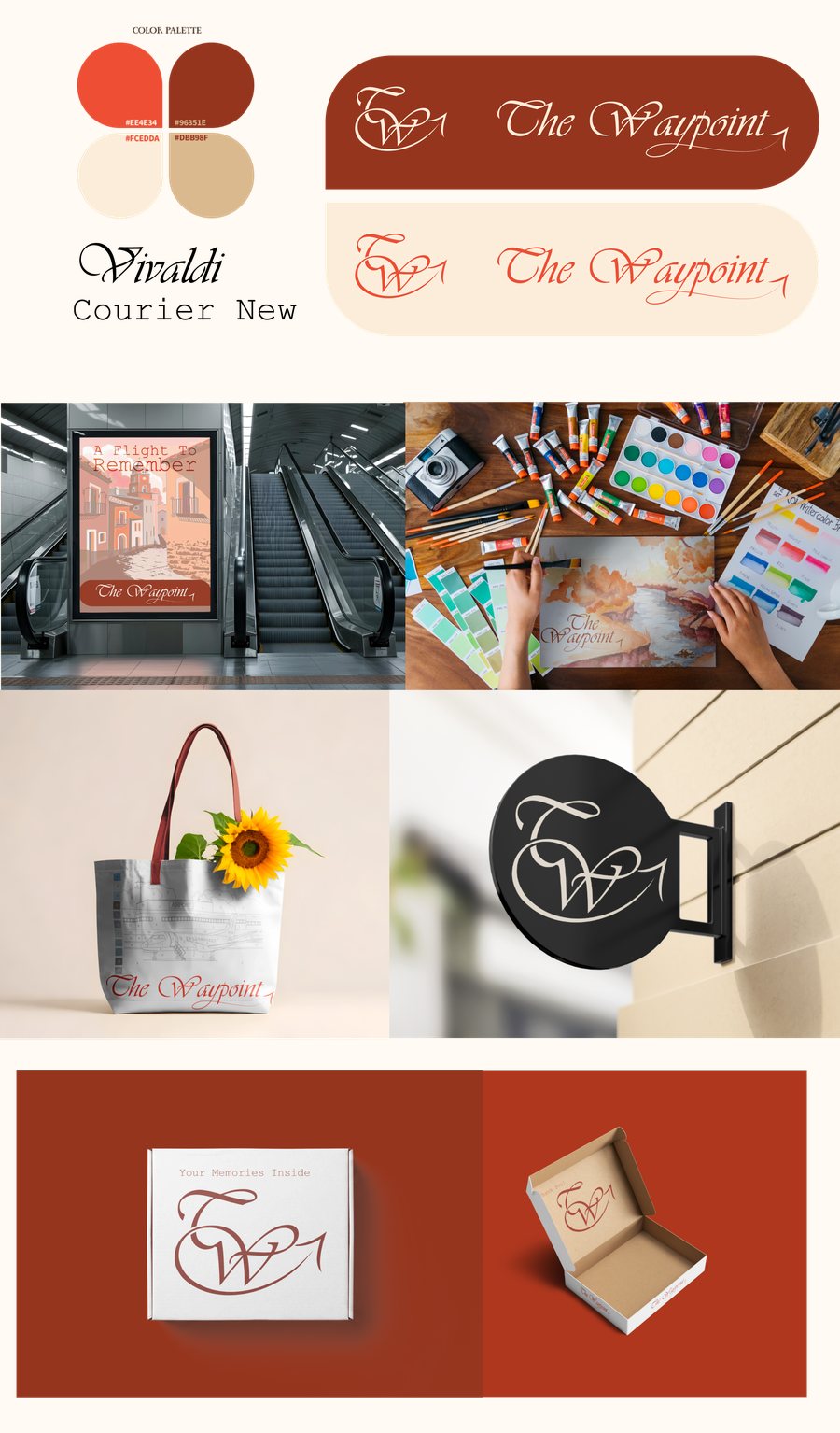The Waypoint brand board — a flourished calligraphic TW monogram with an arrow, red and sand palette, and mockups on a subway poster, tote bag, hanging sign and gift box