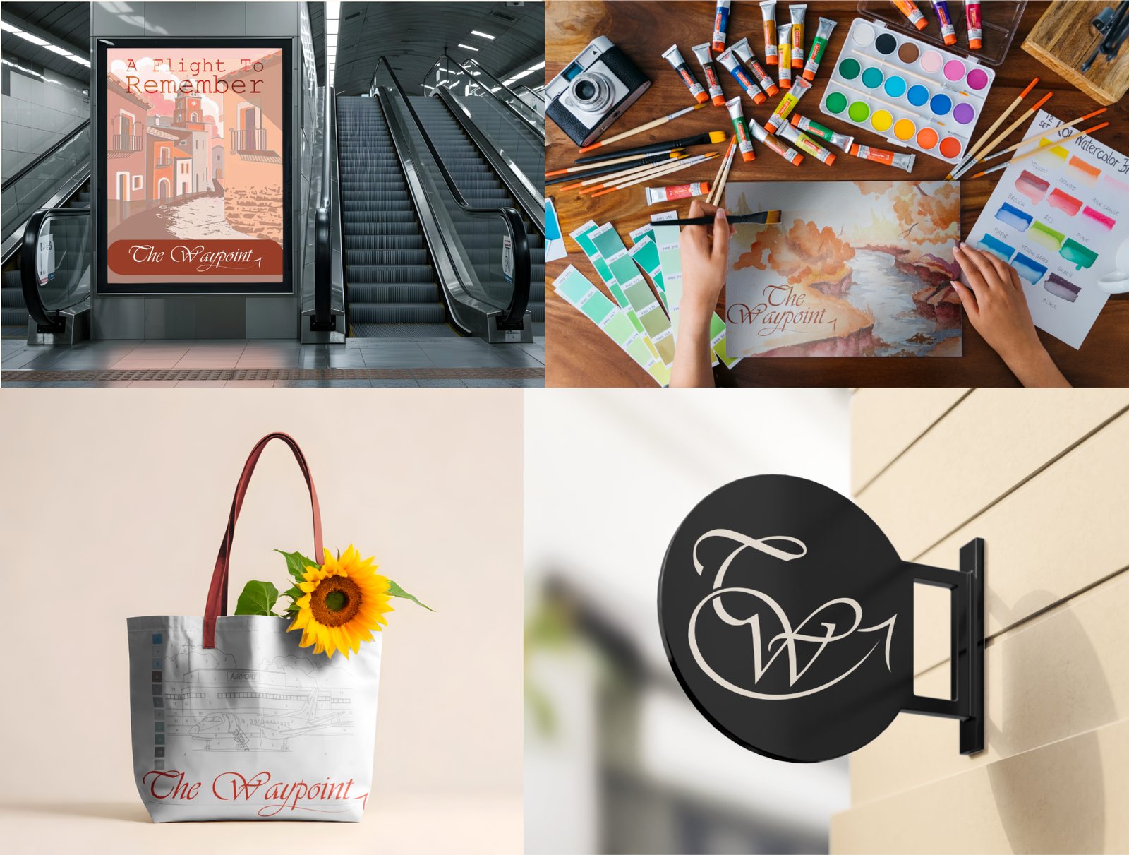 Mockups: an “A Flight To Remember” poster in a subway station, a watercolor of the brand art on a painter’s desk, a canvas tote with a sunflower, and the TW monogram on a round hanging shop sign